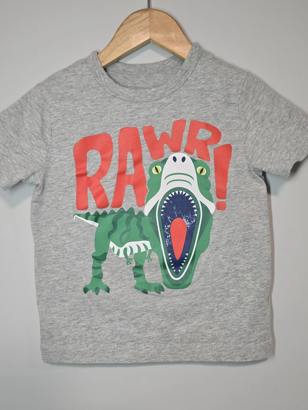 GAP Gray Cotton Tee with Green Dinosaur and Red 'RAWR!' Graphic